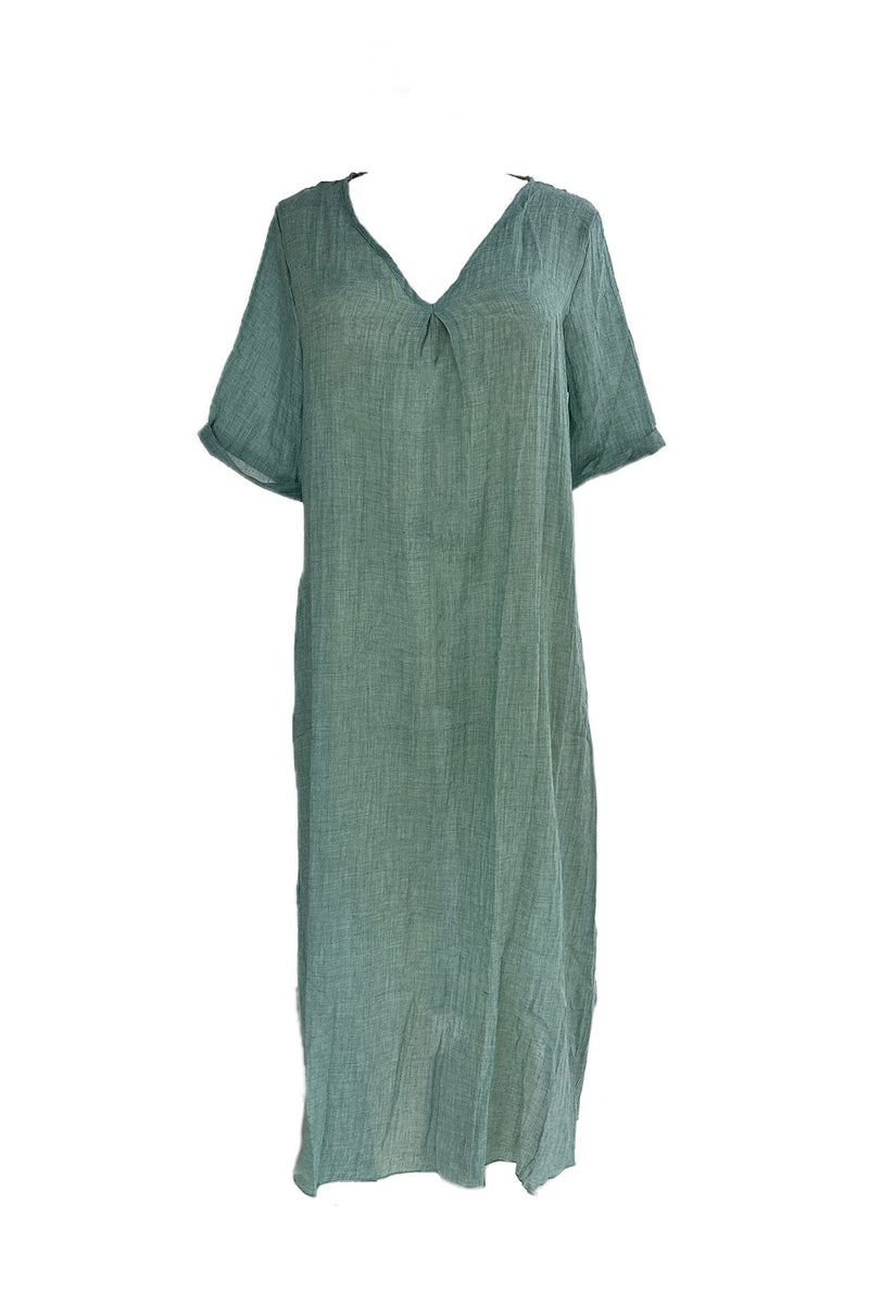 Élégante robe midi en lin à col en V et manches courtes - Respirante, légère et confortable