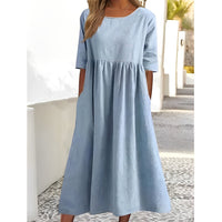 Harper - Elegante robe midi vintage en coton et lin transpirable avec motif plissé