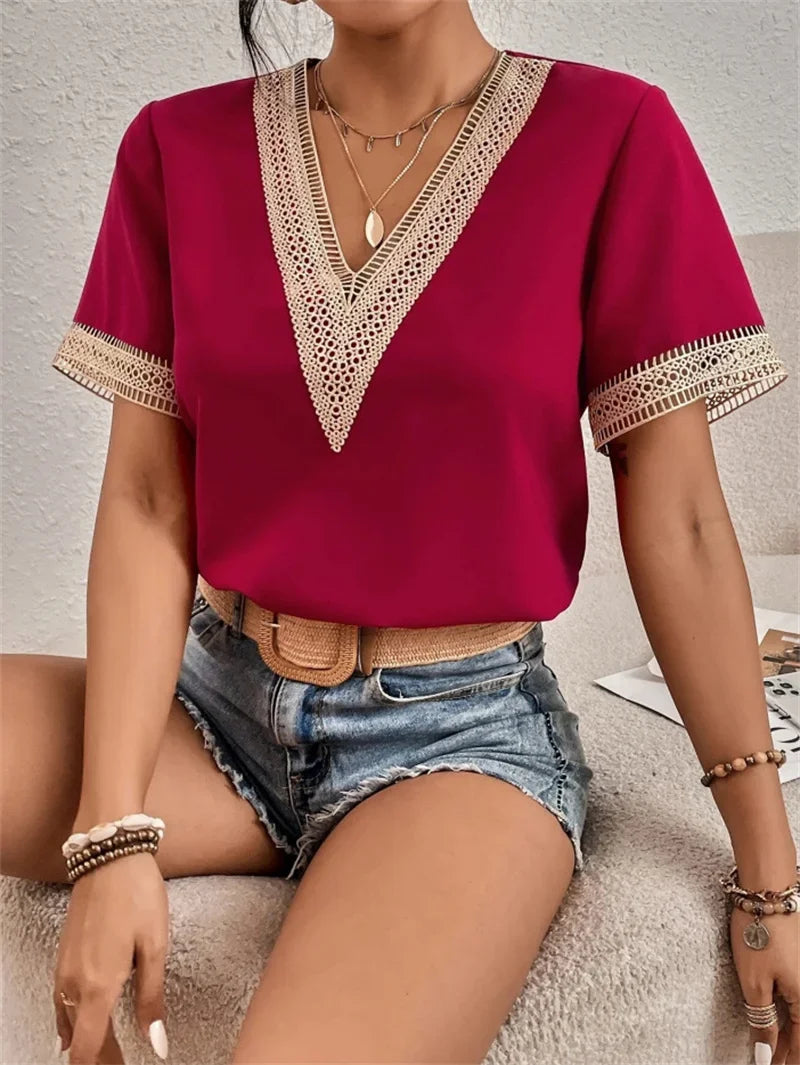 Top de luxe à col en V pour femmes - mode décontractée élégante avec détails sophistiqués