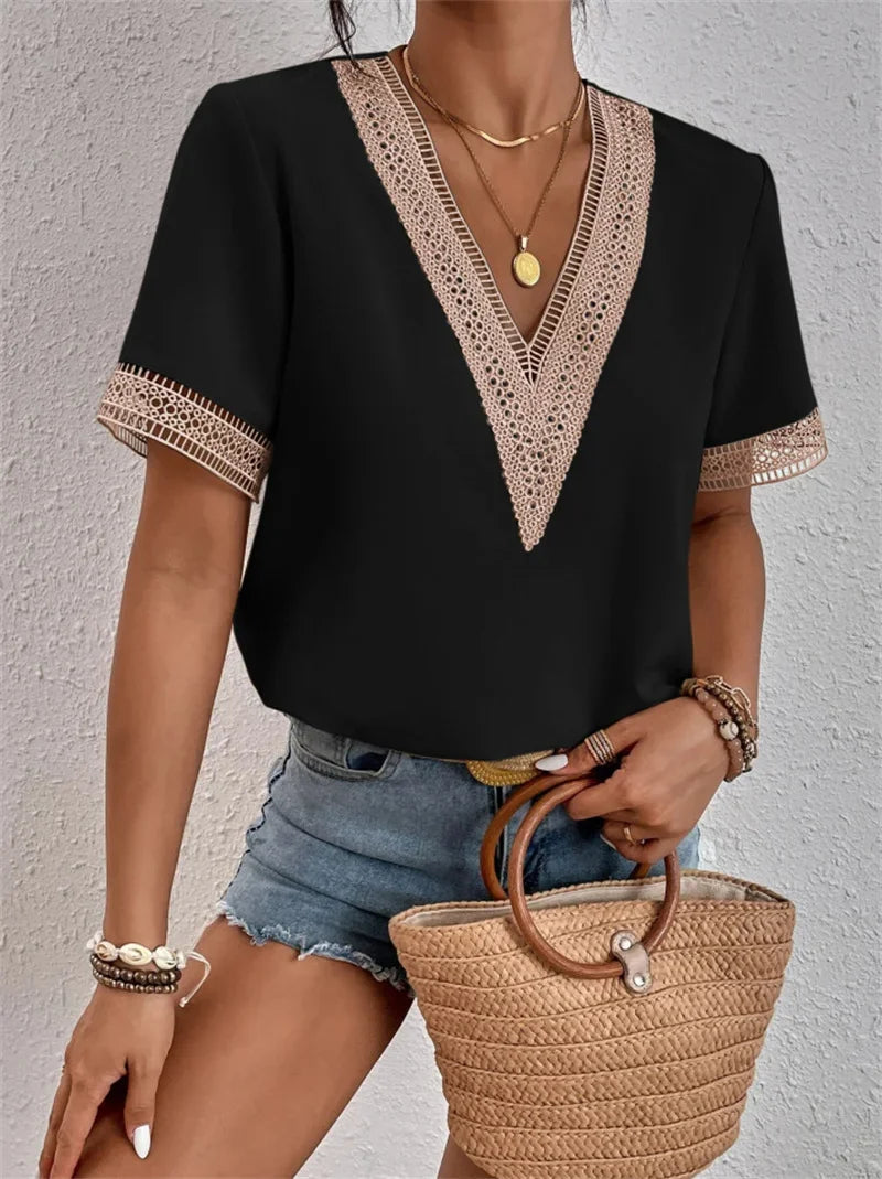 Top de luxe à col en V pour femmes - mode décontractée élégante avec détails sophistiqués