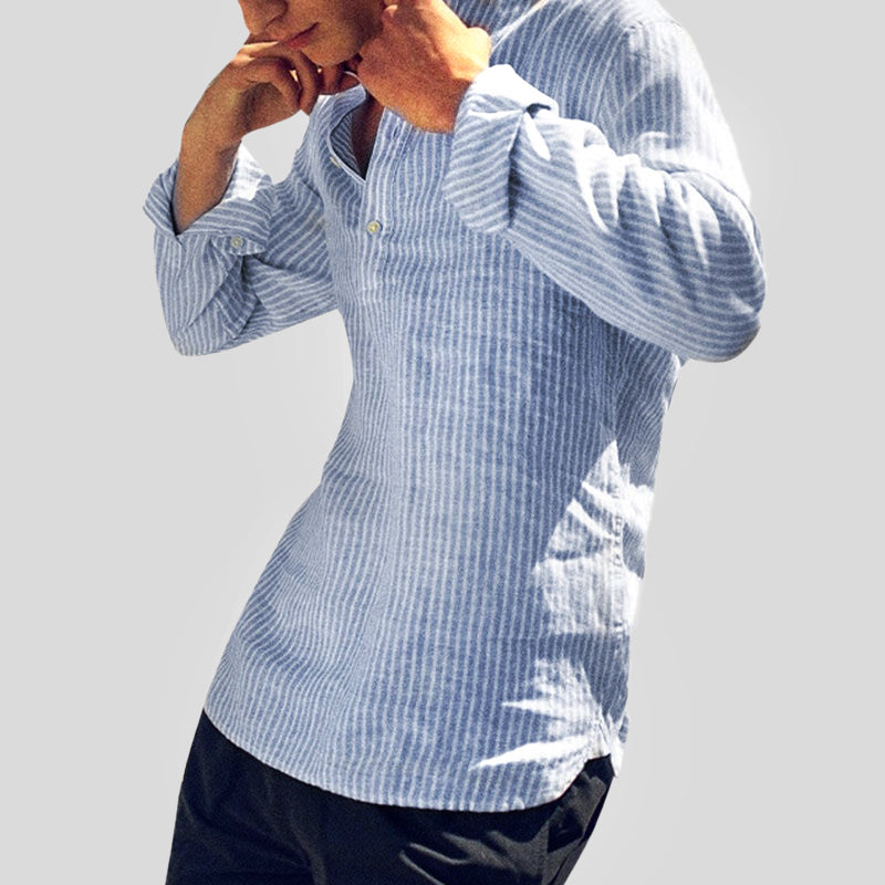 Chemise Henley stylée pour hommes, mélange coton-tissu, col à bandes et manches longues à rayures pour une élégance décontractée