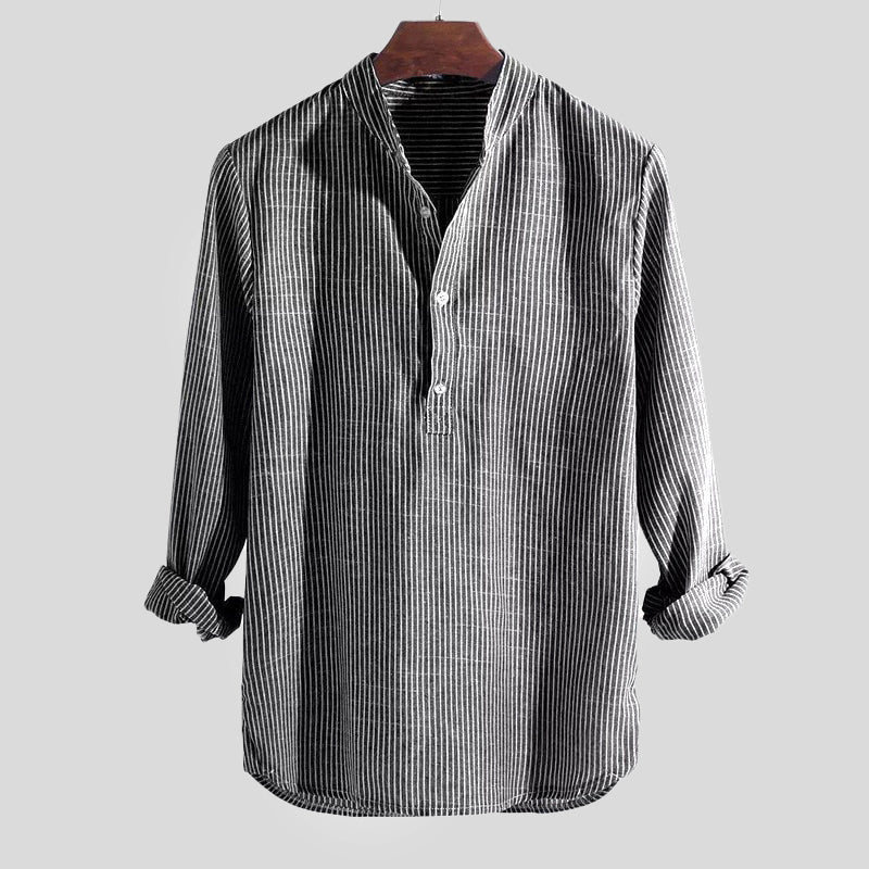 Chemise Henley stylée pour hommes, mélange coton-tissu, col à bandes et manches longues à rayures pour une élégance décontractée