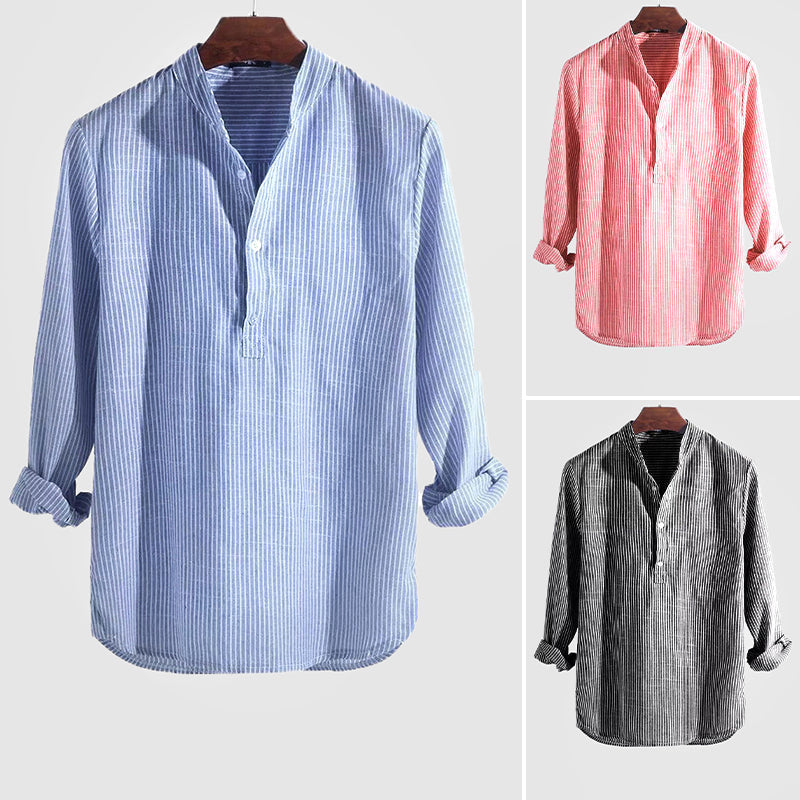 Chemise Henley stylée pour hommes, mélange coton-tissu, col à bandes et manches longues à rayures pour une élégance décontractée