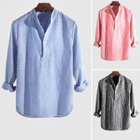 Chemise Henley stylée pour hommes, mélange coton-tissu, col à bandes et manches longues à rayures pour une élégance décontractée