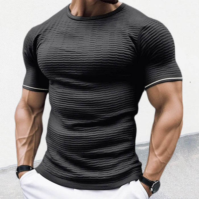 Chemise stylée en tricot ajusté pour hommes - Tissu extensible côtelé confortable et col ras du cou à manches courtes pour un look décontracté