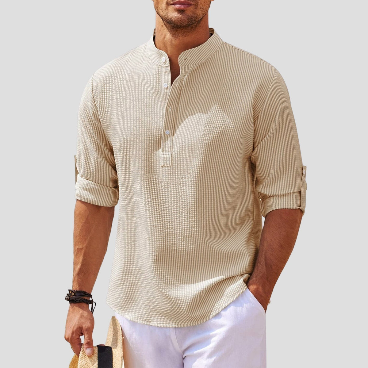Chemise Henley stylée pour hommes avec col mandarin, manches longues et coupe décontractée respirante pour un confort tout au long de la journée
