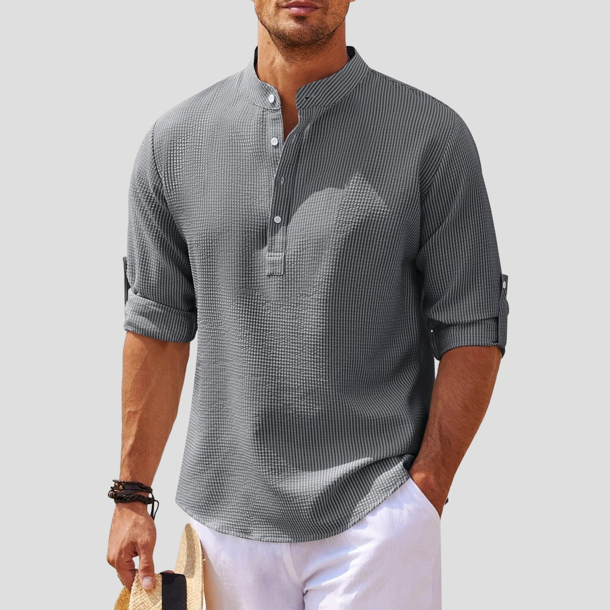 Chemise Henley stylée pour hommes avec col mandarin, manches longues et coupe décontractée respirante pour un confort tout au long de la journée