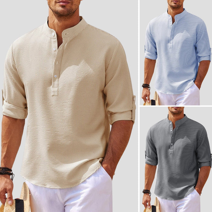 Chemise Henley stylée pour hommes avec col mandarin, manches longues et coupe décontractée respirante pour un confort tout au long de la journée