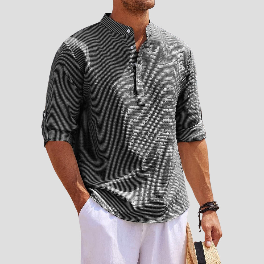 Chemise Henley stylée pour hommes avec col mandarin, manches longues et coupe décontractée respirante pour un confort tout au long de la journée