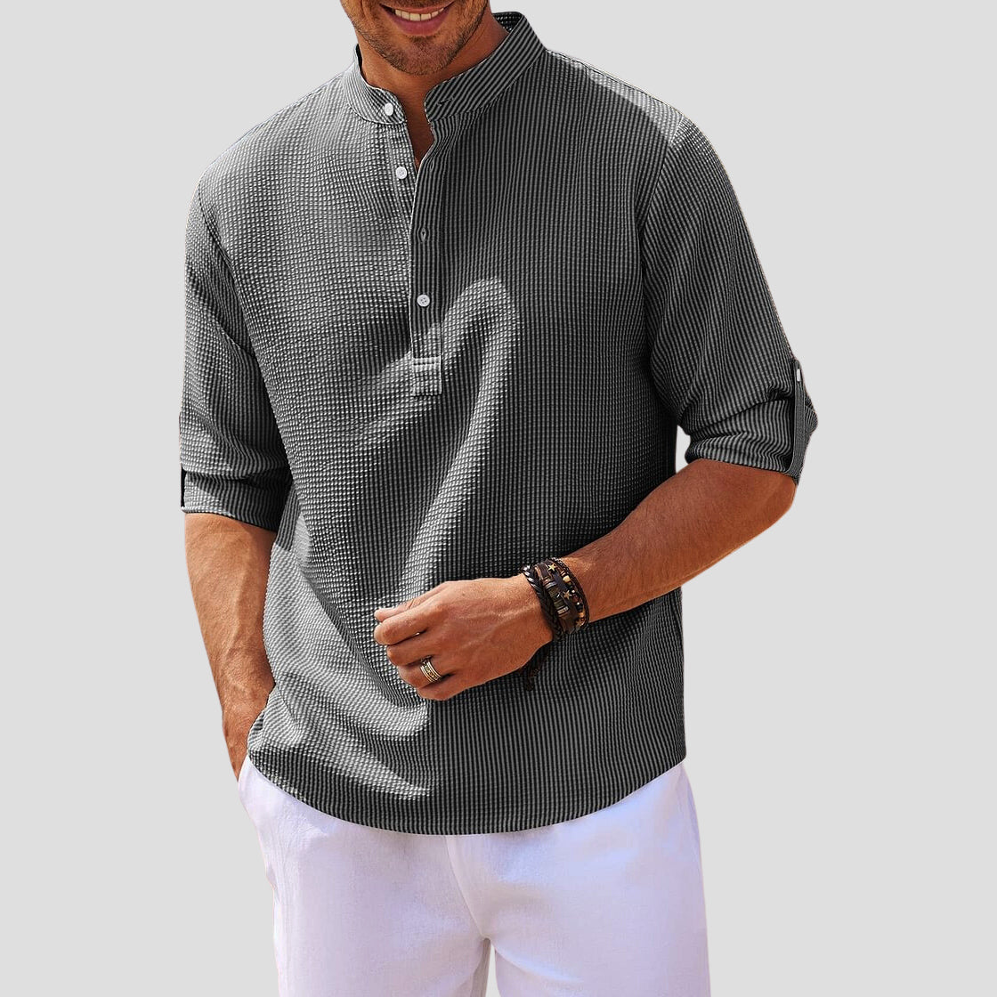 Chemise Henley stylée pour hommes avec col mandarin, manches longues et coupe décontractée respirante pour un confort tout au long de la journée