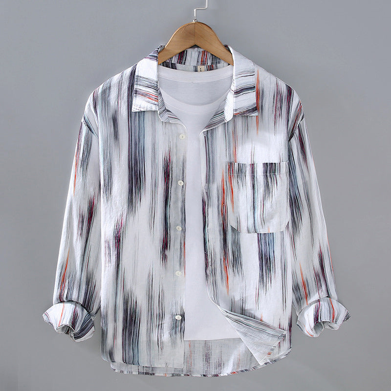 Chemise pour hommes en lin à manches longues avec motif abstrait tendance