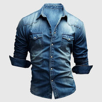 Chemise en denim pour hommes - coupe ajustée slim - manches longues - style western décontracté boutonnée