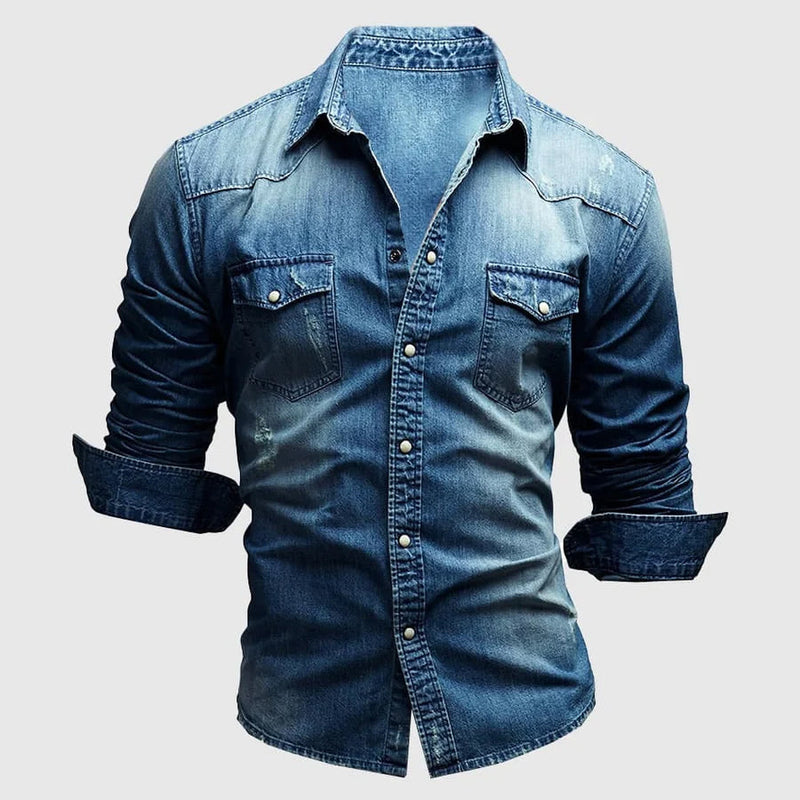 Chemise en denim pour hommes - coupe ajustée slim - manches longues - style western décontracté boutonnée
