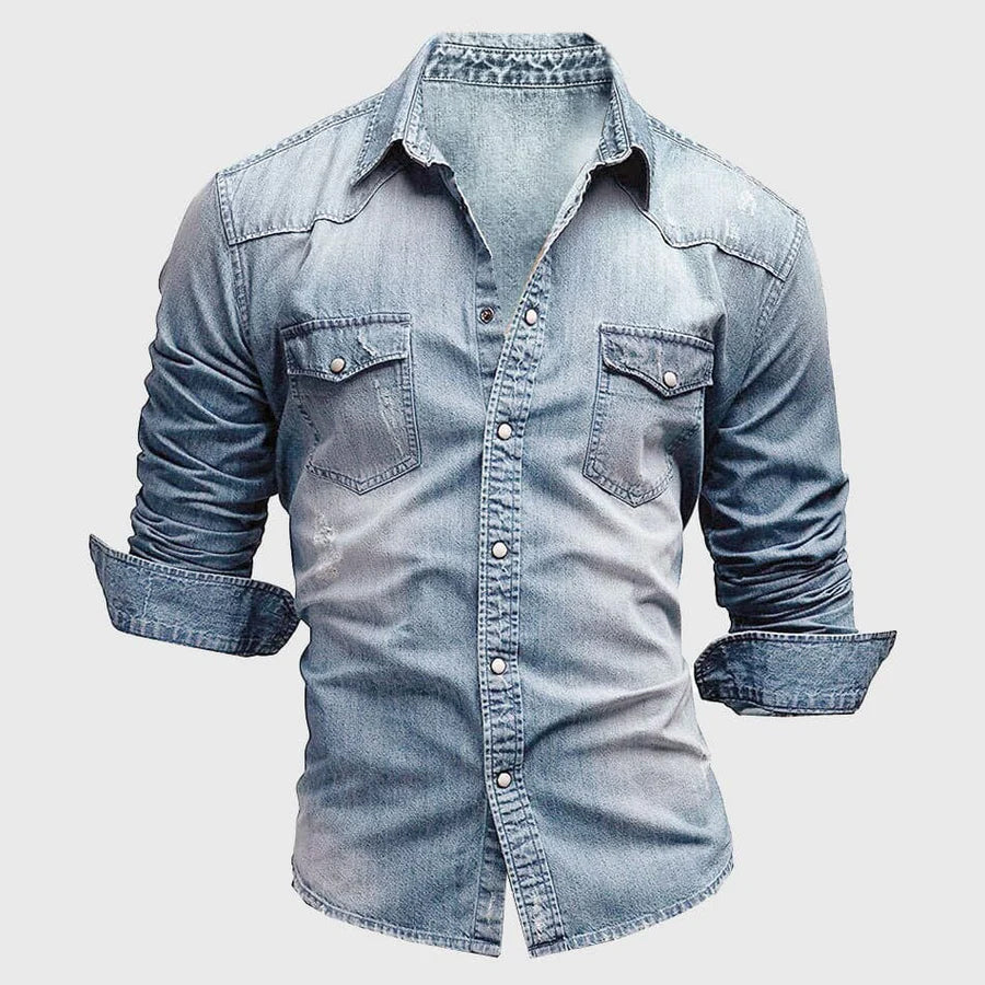 Chemise en denim pour hommes - coupe ajustée slim - manches longues - style western décontracté boutonnée