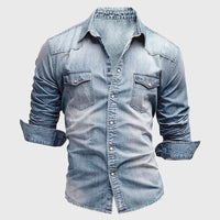 Chemise en denim pour hommes - coupe ajustée slim - manches longues - style western décontracté boutonnée