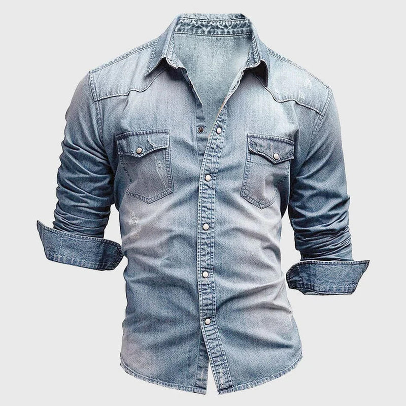 Chemise en denim pour hommes - coupe ajustée slim - manches longues - style western décontracté boutonnée