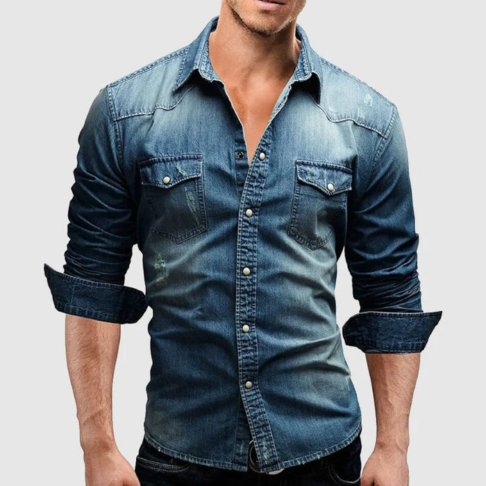 Chemise en denim pour hommes - coupe ajustée slim - manches longues - style western décontracté boutonnée