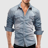Chemise en denim pour hommes - coupe ajustée slim - manches longues - style western décontracté boutonnée