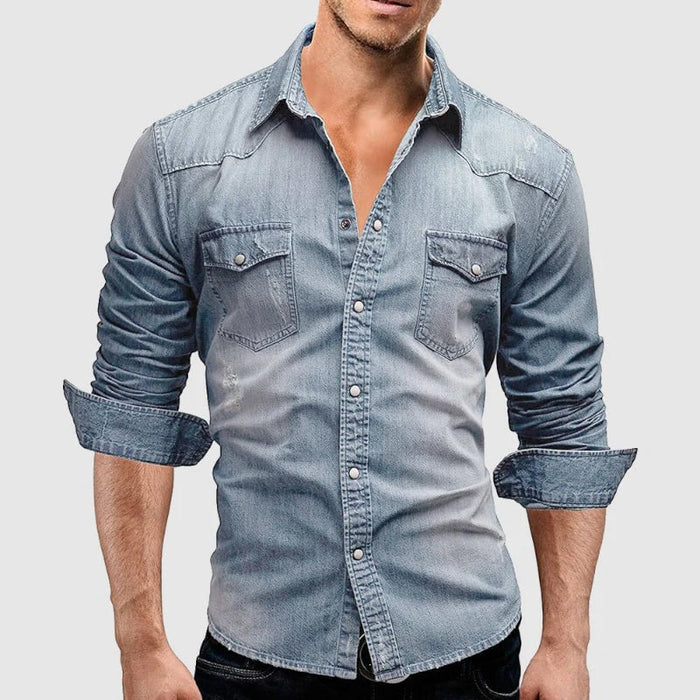 Chemise en denim pour hommes - coupe ajustée slim - manches longues - style western décontracté boutonnée