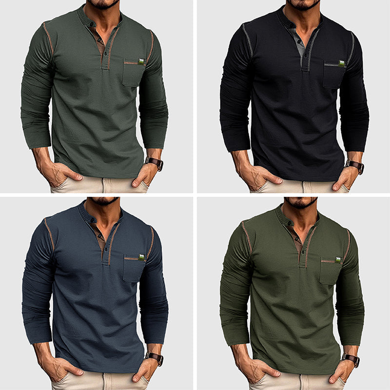 Chemise Henley classique 100 % coton à manches longues et patte de boutonnage pour hommes - Coupe décontractée parfaite