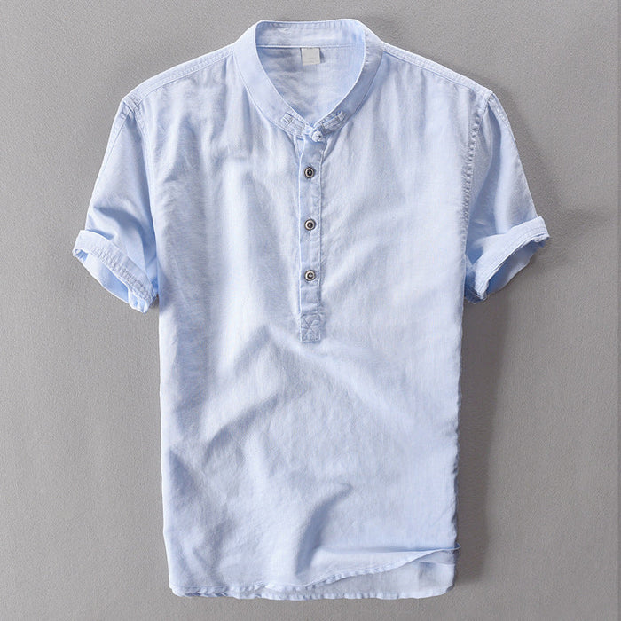 Camisole de l'homme en lin avec collet mandarino et maniche corte - Abbigliamento casual leggero