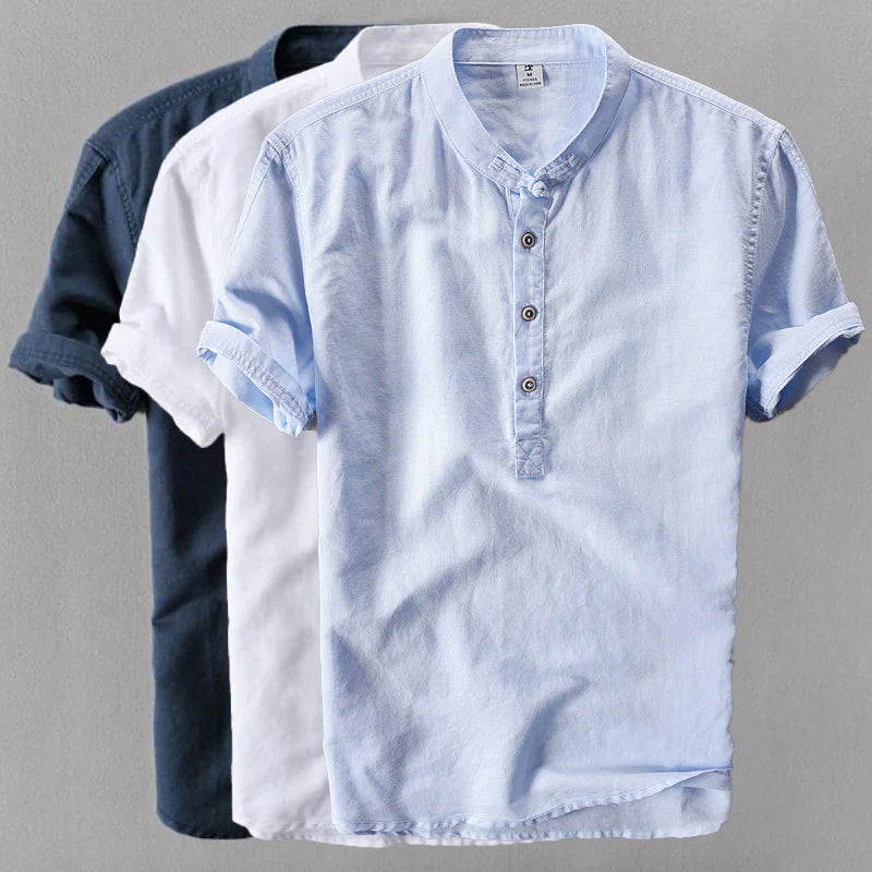 Camisole de l'homme en lin avec collet mandarino et maniche corte - Abbigliamento casual leggero