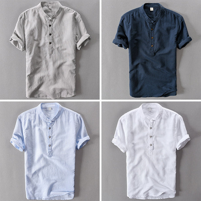 Camisole de l'homme en lin avec collet mandarino et maniche corte - Abbigliamento casual leggero