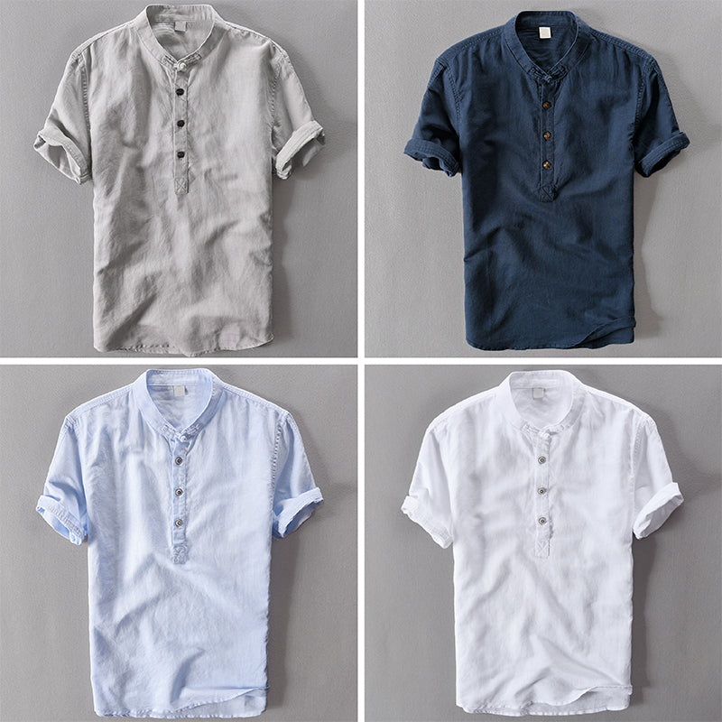 Camisole de l'homme en lin avec collet mandarino et maniche corte - Abbigliamento casual leggero