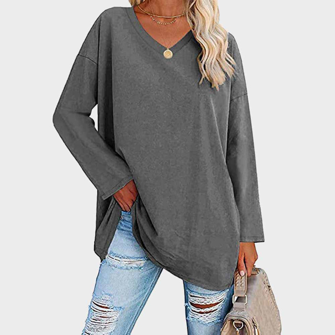 Chemisier tunique à manches longues et col en V, confortable et décontracté, pour femmes - parfait pour un look quotidien décontracté dans un tissu doux