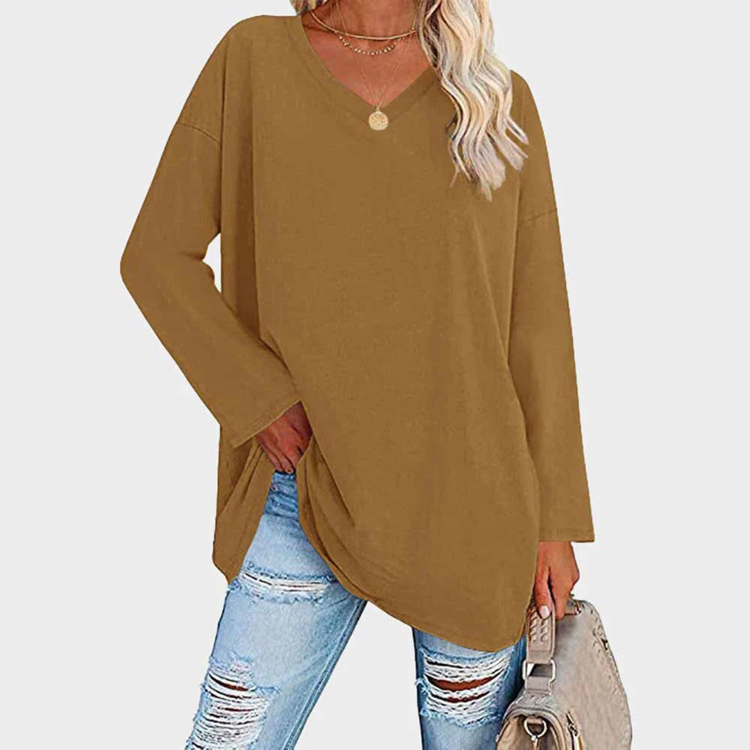 Chemisier tunique à manches longues et col en V, confortable et décontracté, pour femmes - parfait pour un look quotidien décontracté dans un tissu doux