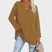 Chemisier tunique à manches longues et col en V, confortable et décontracté, pour femmes - parfait pour un look quotidien décontracté dans un tissu doux