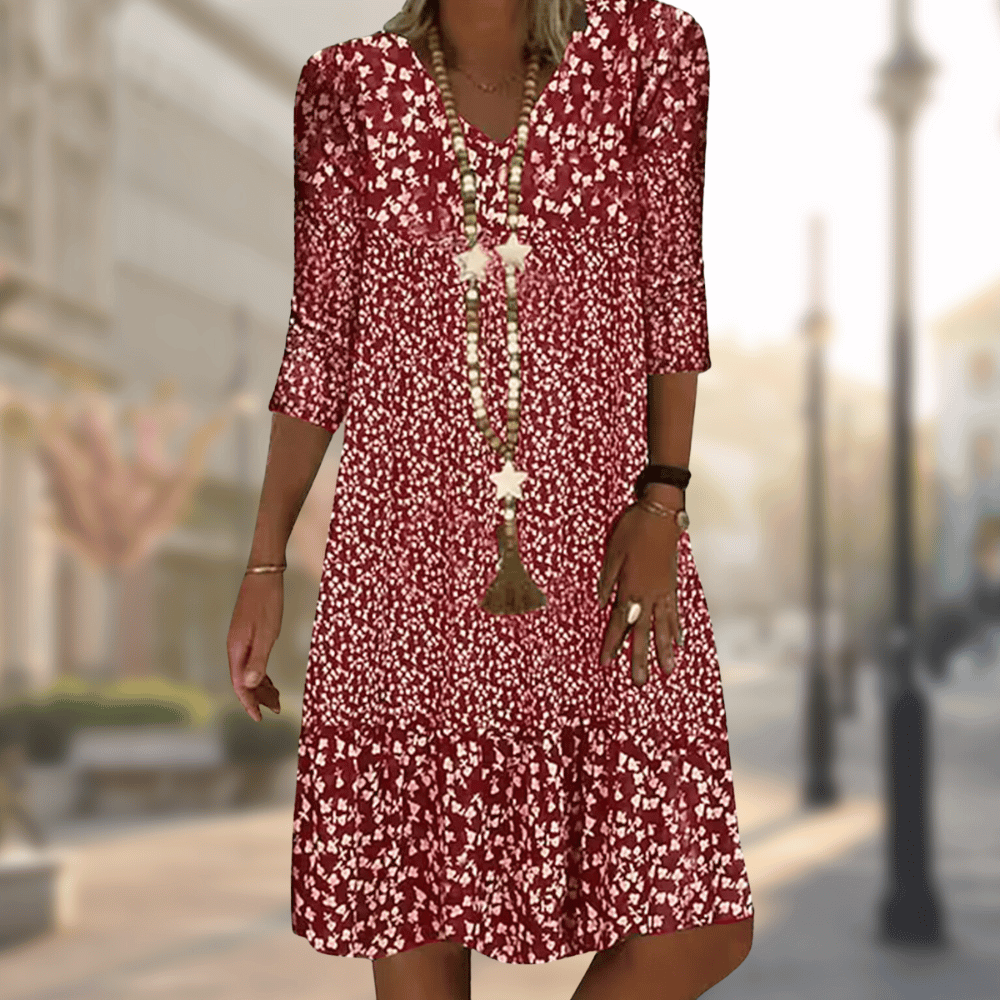 Robe midi élégante à imprimé floral et manches 3/4 - Légère, respirante et parfaite pour l'été