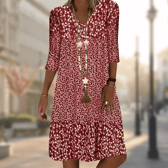 Robe midi élégante à imprimé floral et manches 3/4 - Légère, respirante et parfaite pour l'été