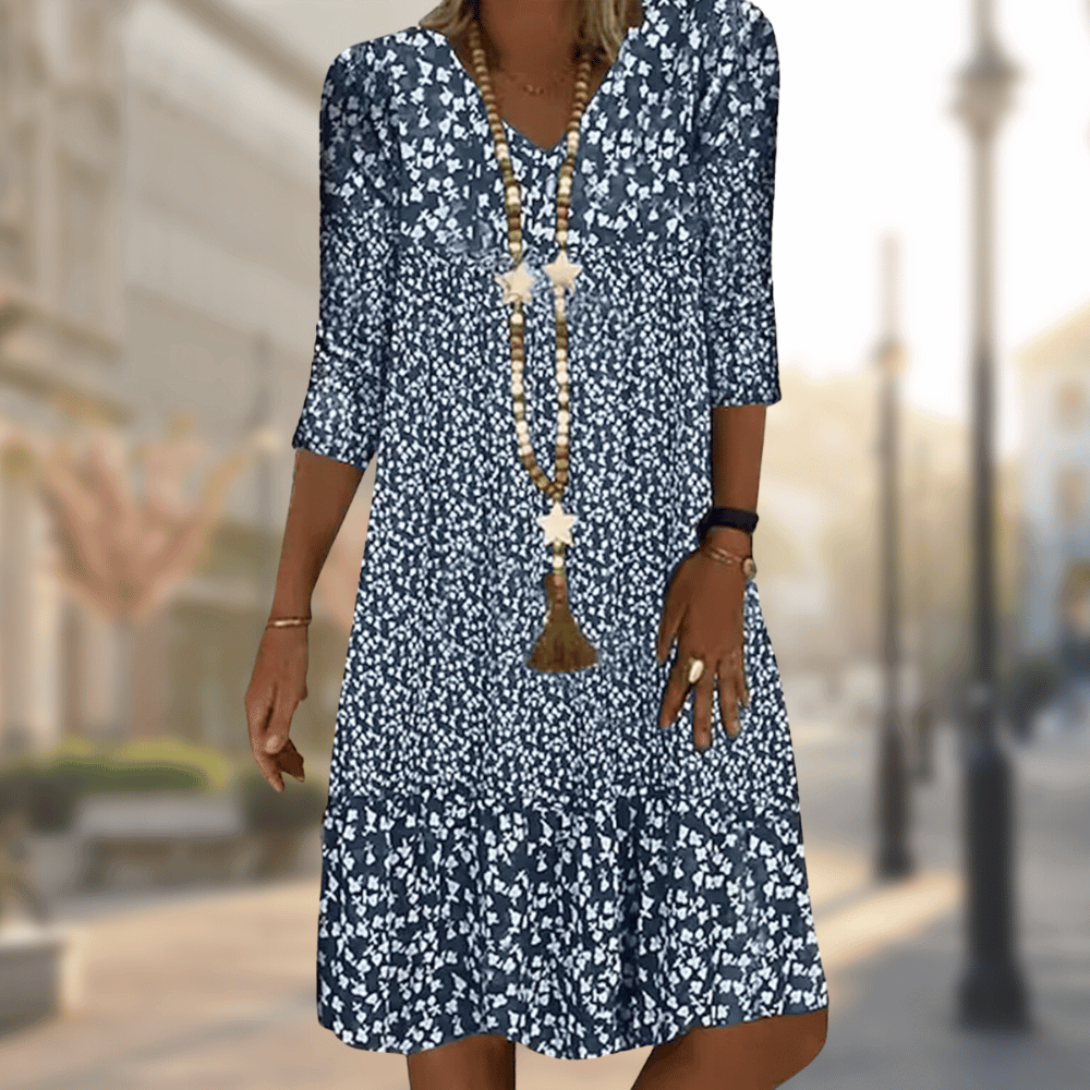 Robe midi élégante à imprimé floral et manches 3/4 - Légère, respirante et parfaite pour l'été