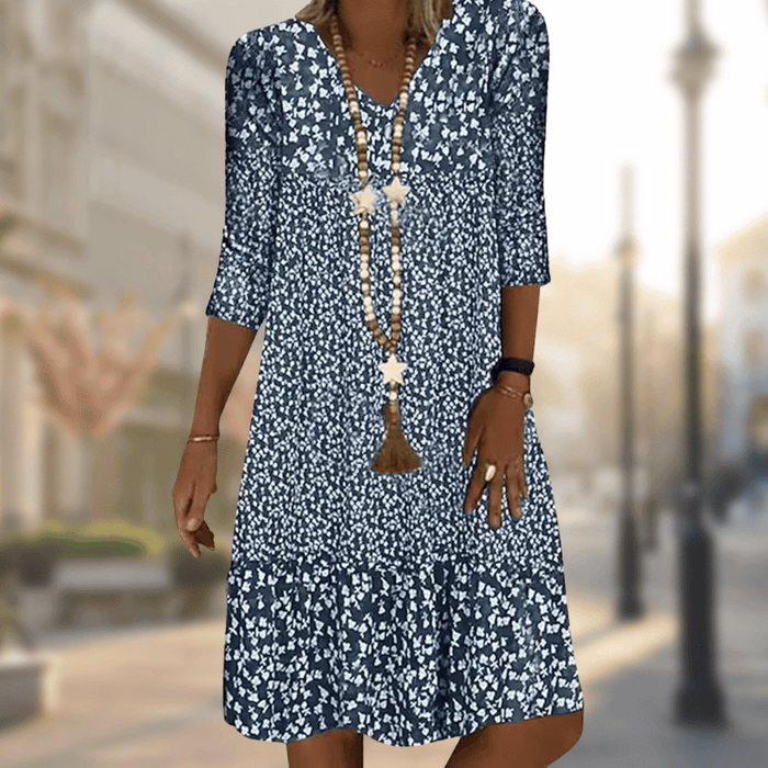 Robe midi élégante à imprimé floral et manches 3/4 - Légère, respirante et parfaite pour l'été