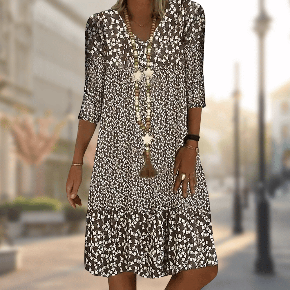 Robe midi élégante à imprimé floral et manches 3/4 - Légère, respirante et parfaite pour l'été