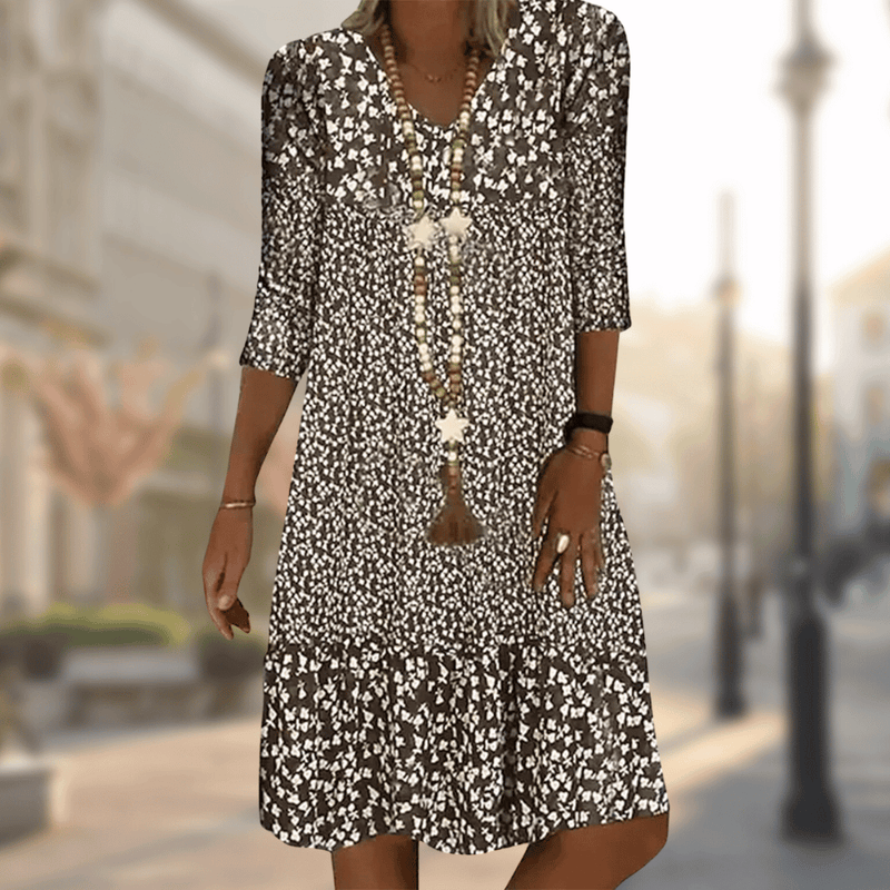 Robe midi élégante à imprimé floral et manches 3/4 - Légère, respirante et parfaite pour l'été