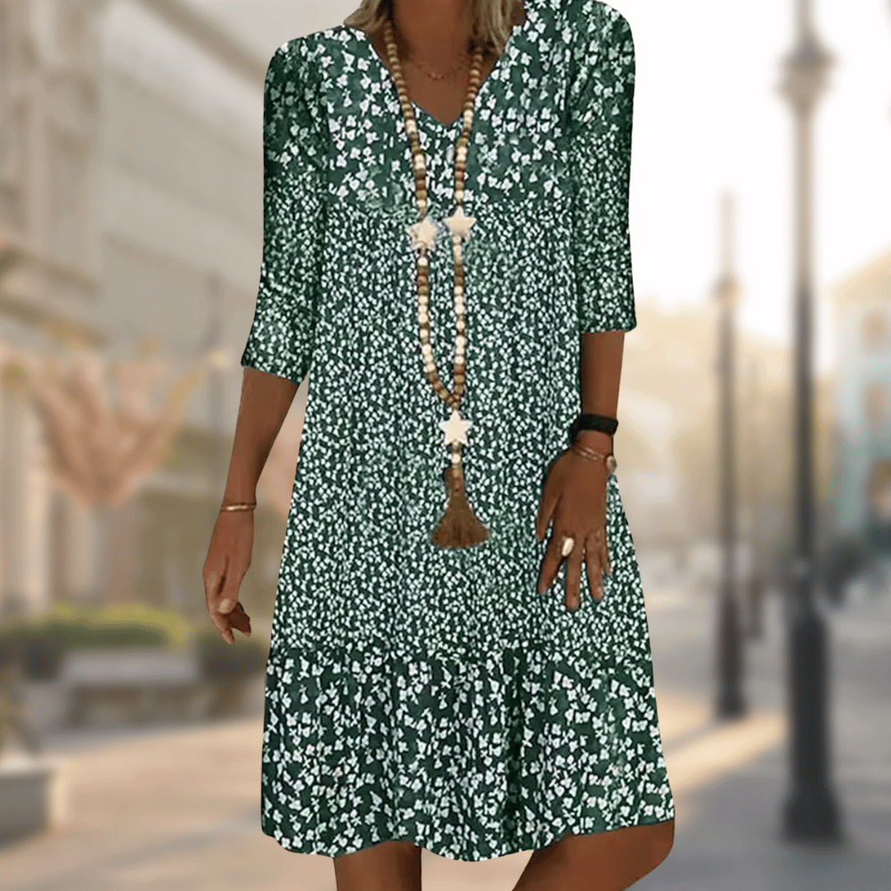 Robe midi élégante à imprimé floral et manches 3/4 - Légère, respirante et parfaite pour l'été