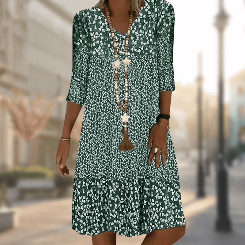 Robe midi élégante à imprimé floral et manches 3/4 - Légère, respirante et parfaite pour l'été