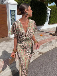 Chic Satin Floral Midi Dress for Women - V-Neck, Short Sleeve, Pleated Design