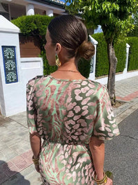 Chic Satin Floral Midi Dress for Women - V-Neck, Short Sleeve, Pleated Design