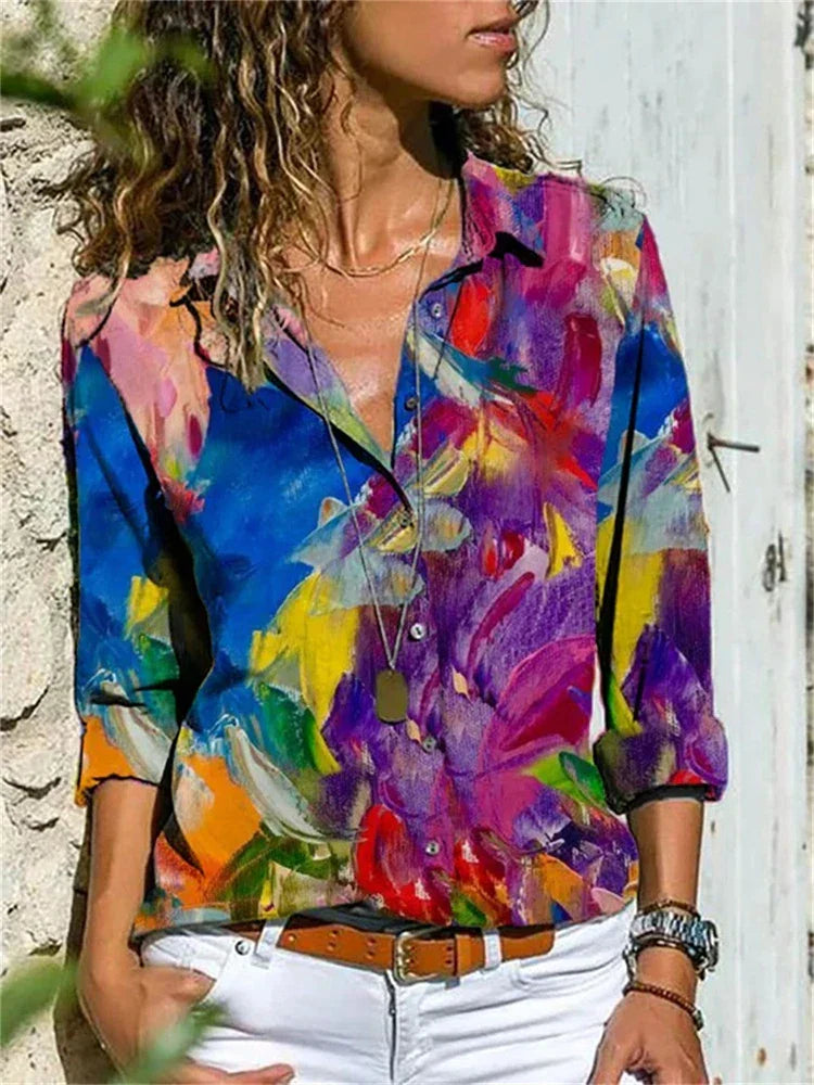 Chemisier élégant à imprimé géométrique et manches longues pour femmes - Tenue parfaite pour les femmes au quotidien