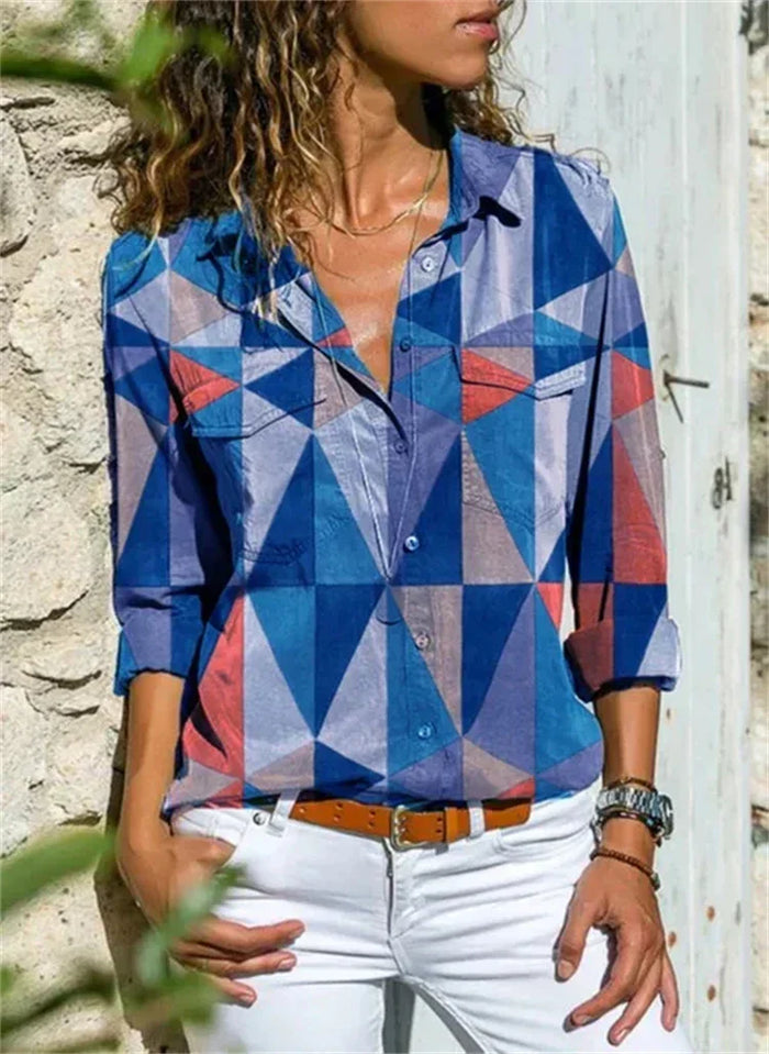 Chemisier élégant à imprimé géométrique et manches longues pour femmes - Tenue parfaite pour les femmes au quotidien