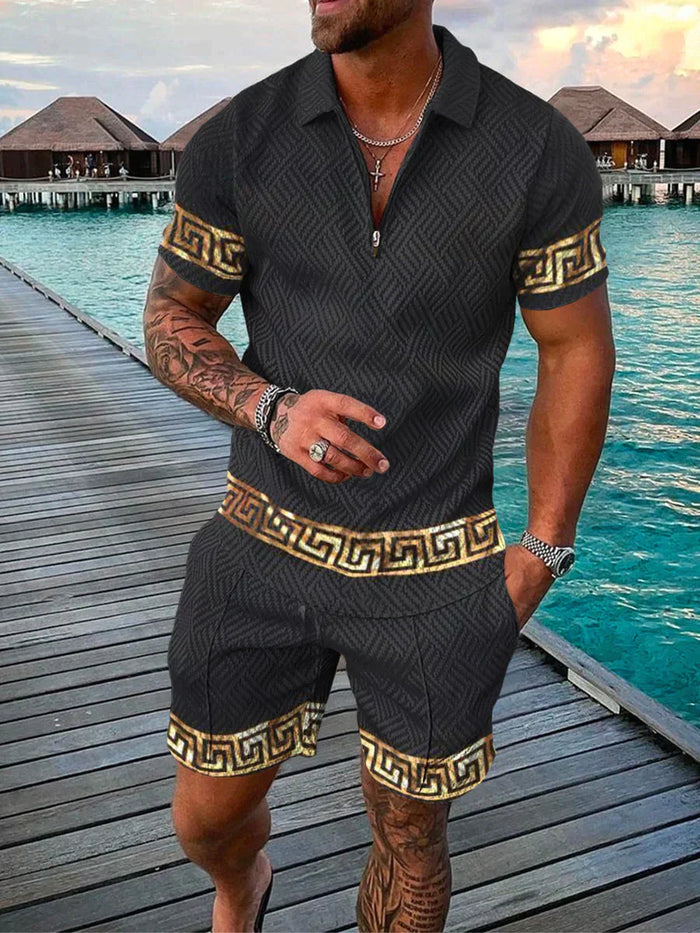 Ensemble Homme Deux Pièces - Polo Zippé à Texture à Manches Courtes et Short Assorti pour un Style Décontracté