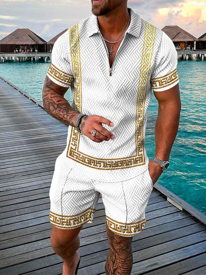 Ensemble Homme Deux Pièces - Polo Zippé à Texture à Manches Courtes et Short Assorti pour un Style Décontracté