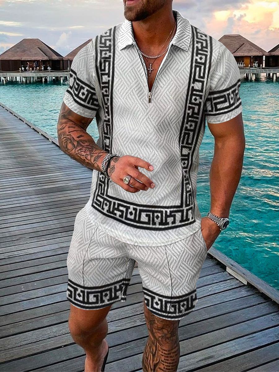 Ensemble Homme Deux Pièces - Polo Zippé à Texture à Manches Courtes et Short Assorti pour un Style Décontracté