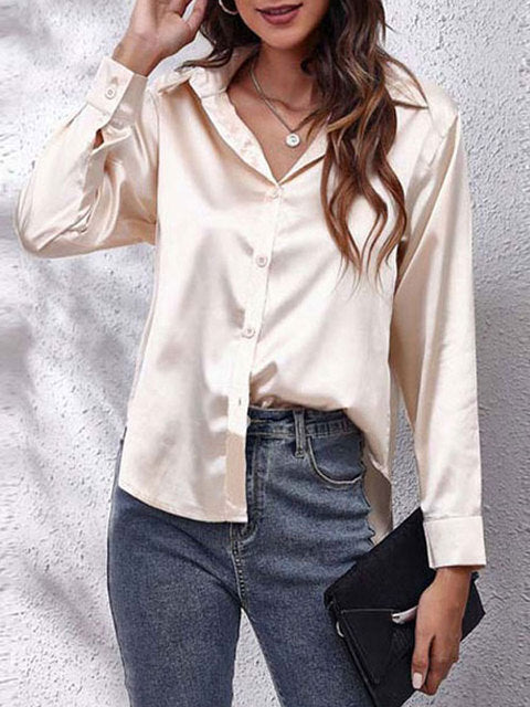 Chemisier à manches longues en satin - Top boutonné chic et élégant pour dames