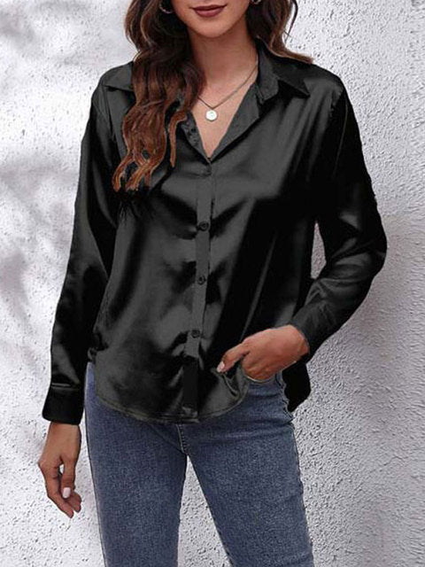 Chemisier à manches longues en satin - Top boutonné chic et élégant pour dames