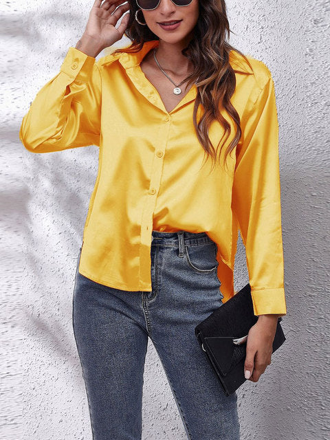 Chemisier à manches longues en satin - Top boutonné chic et élégant pour dames