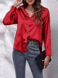 Chemisier à manches longues en satin - Top boutonné chic et élégant pour dames
